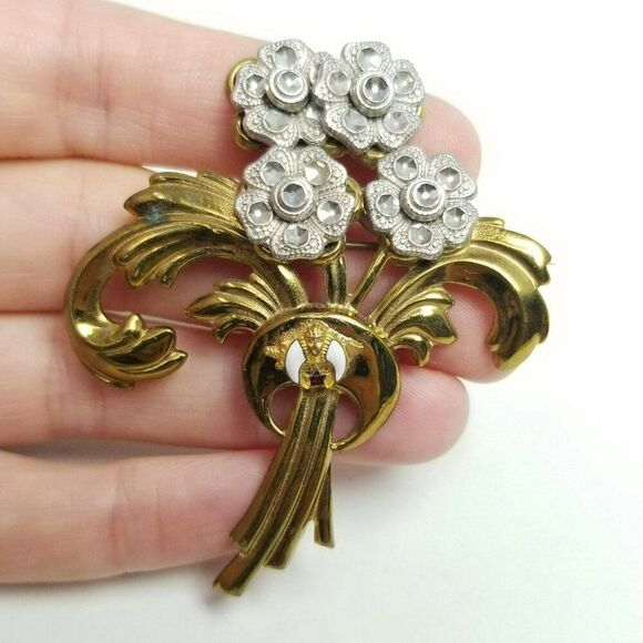 Vintage Brass & Cut Steel Floral Spray Brooch, Gold Tone Masonic Emblem Center - Picture 1 of 6